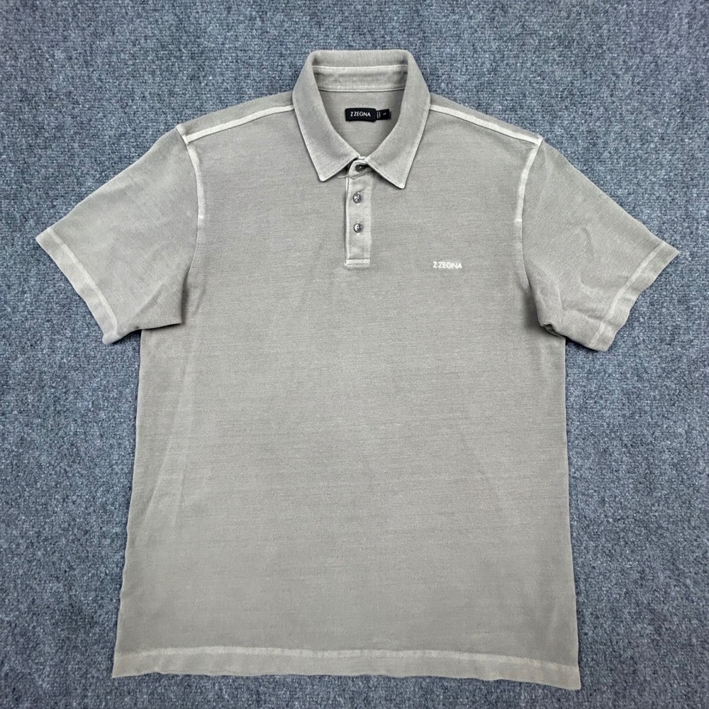 Z Zegna Polo Shirt Mens Large Taupe Grey Garment Dyed Cotton Pique 6VX309 ZZ0710